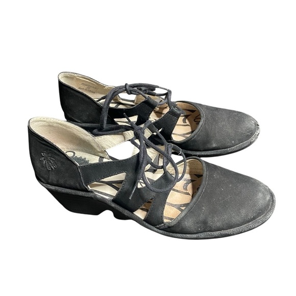 Fly London Poma Black Lace‑Up Wedge Sandals EU 39 (US ~8.5–9)